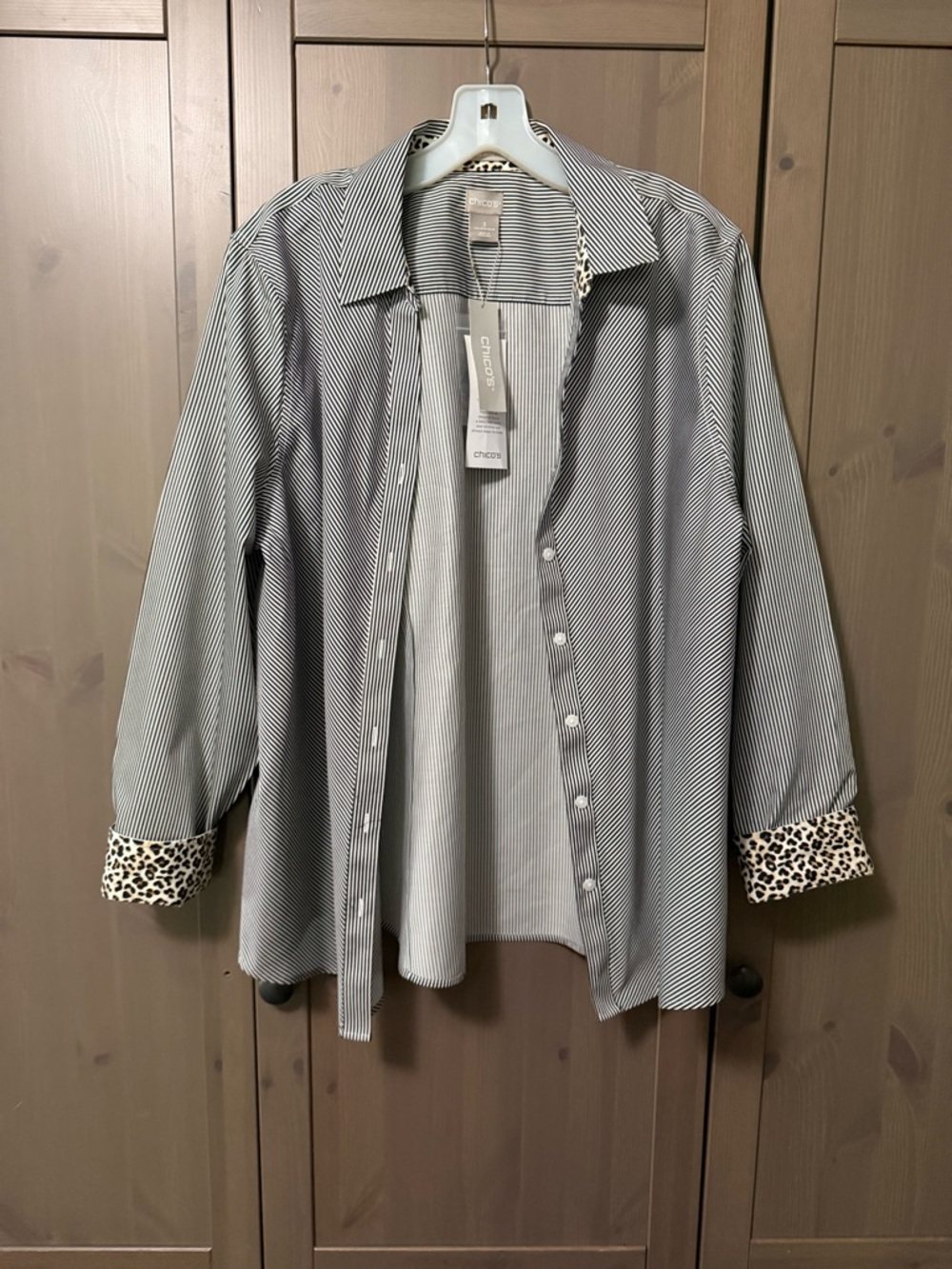 Chico's Black & White Pinstripe Shirt with Leopard Cuff